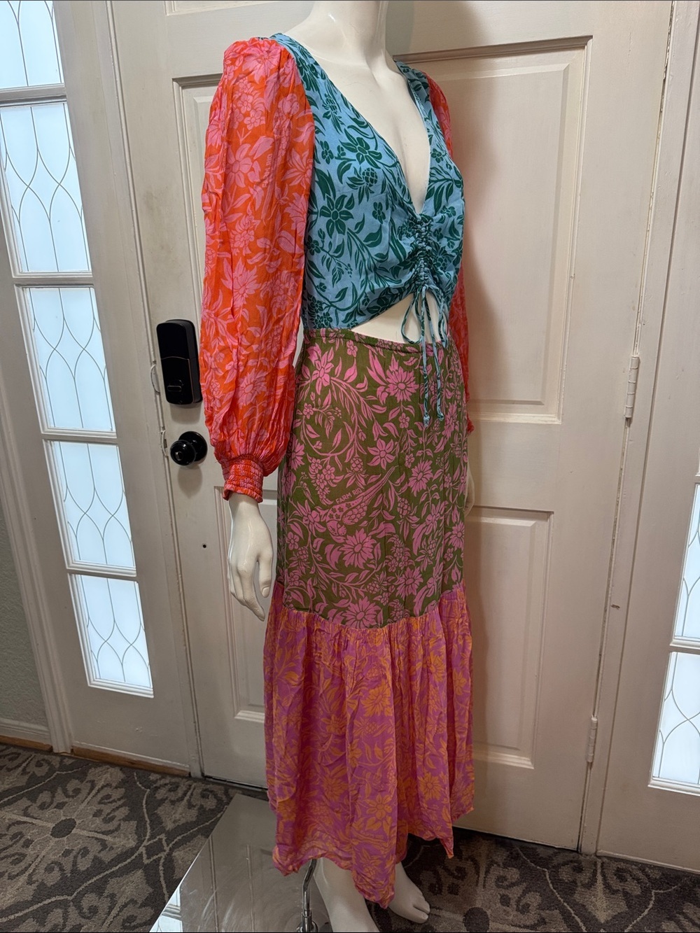 Farm Rio Cutout Maxi Dress Colorblock Floral Maxi Dress with Tie Front S Medium - Picture 9 of 15